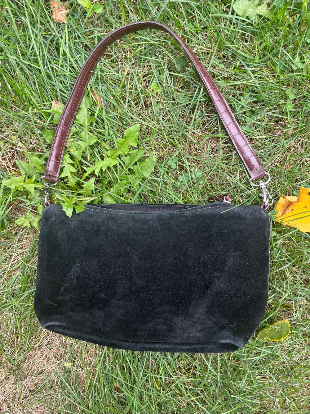 Tianello Classic Black Suede Shoulder Bag with Brown Croc-Effect Strap